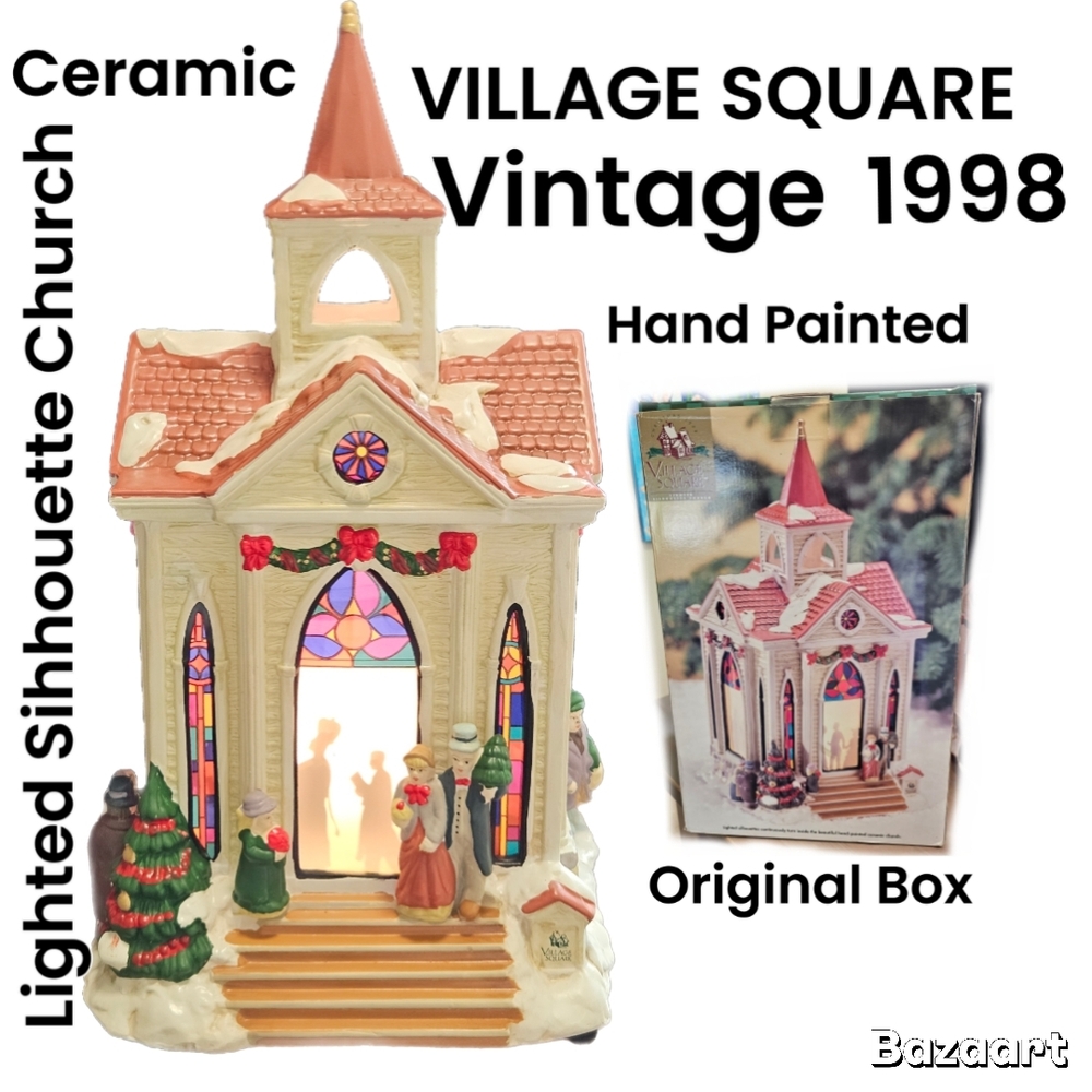 Vintage Village Square Lighted Silhouette Church Ceramic Hand Painted 16"×8"